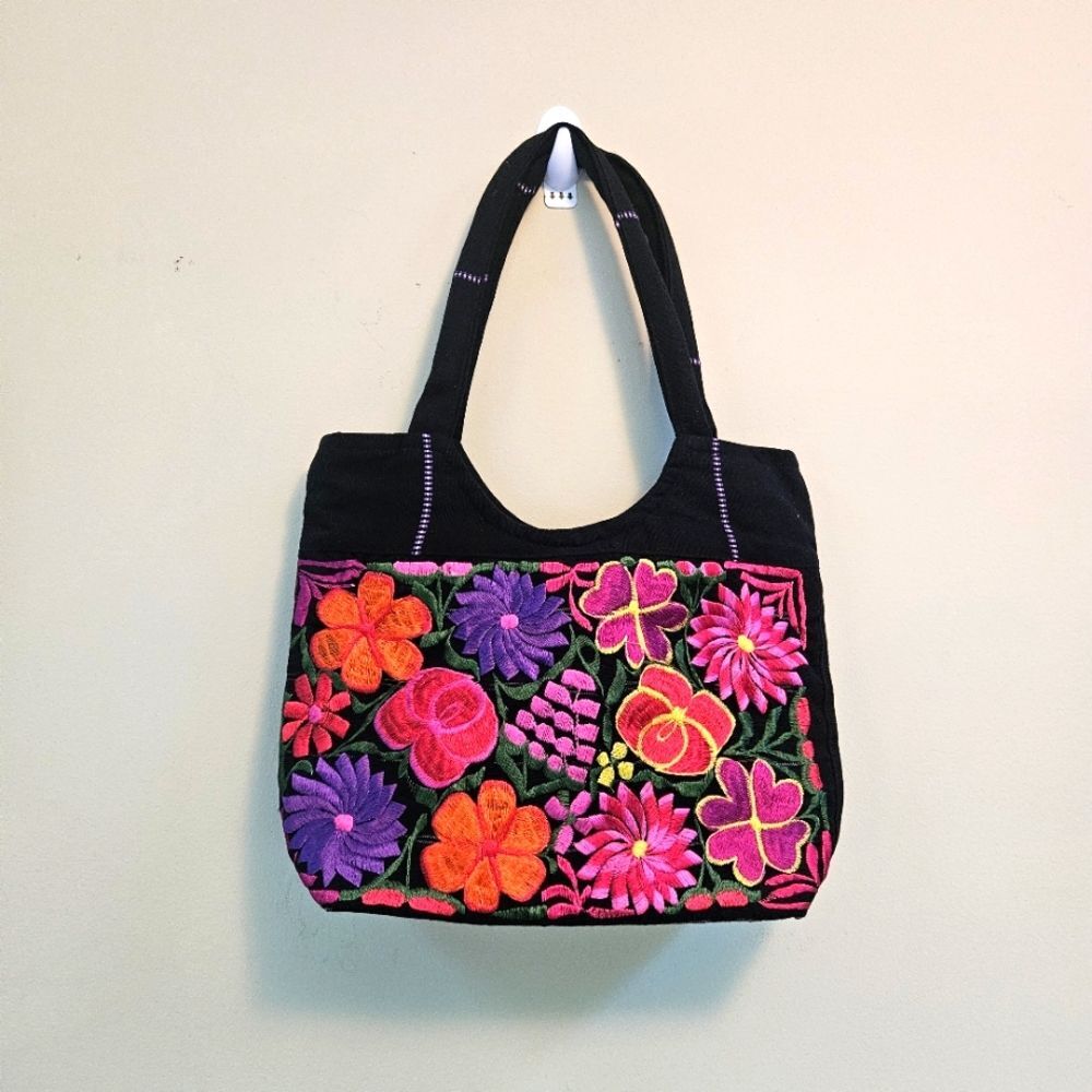 Embroidered-Colorful Floral-Purse-2 Shoulder Straps-Artesania Bag-Unique Mexico